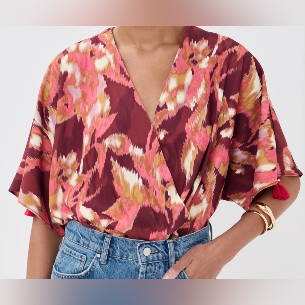 Figue Mirabel Short Sleeve Top Ikat Foliage Bordeaux Red Size Medium